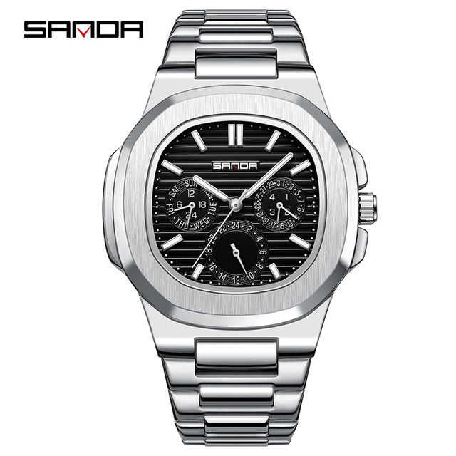 Sanda Brand New Steel Band Quartz Watch Three Eyes Six Pin Simple Nail Fashionable Stainless Waterproof Men's Watch