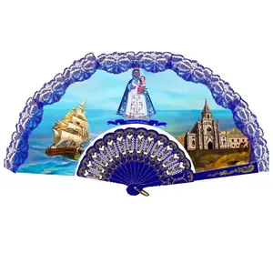 Ventilador de mano plegable de encaje de iglesia con impresión por sublimación completa personalizado barato