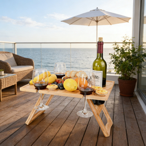 <span class=keywords><strong>Table</strong></span> pliante en bambou avec support pour verres et couteau à fromage, plateau d'accoudoir de canapé, <span class=keywords><strong>table</strong></span> de pique-nique portable basse, intérieur/extérieur, porte-vin - Product Image 2