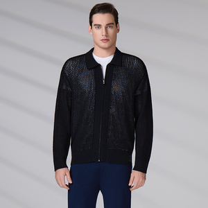 Cardigan en tricot 100 % coton personnalisé avec logo OEM & ODM, pull tricoté à manches longues ajouré style polo pour homme, collection printemps - Product Image 5