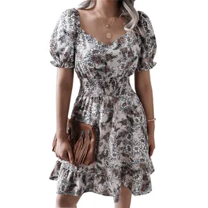 Custom Plus Size Summer Dress for Women Knee Length New Casual Square Collar Lantern Sleeve Floral Print Sweet Ruffle Dresses