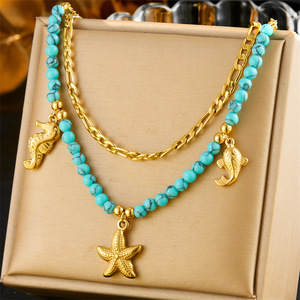 European American Retro Ocean Style Gold Plated Seahorse Starfish Stainless Steel Turquoise Beaded Chain Necklace Multi Layer - Product Image 5