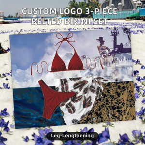 Traje de Baño de Gasa con Cinturón de Spandex/Nylon Sólido con Logotipo Personalizado, Bikini de Tres Piezas para Mujer - Product Image 2