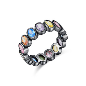 S925 Silver Eternity Band <b>Ring</b> Black Rhodium Plated <b>Crystal</b> Rhinestone Bezel Setting Unisex Bohemia Style Everyday Wear - Product Image 1