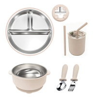 Ensemble de vaisselle pour bébé en acier inoxydable 304 et silicone, comprenant un bol à ventouse, une assiette compartimentée, une tasse, une cuillère et une fourchette pour tout-petits