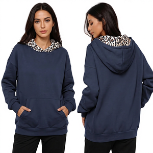 <b>Women's</b> <b>Navy</b> Blue Winter Oversized Long Knitted Hooded Sweatshirt with Front Logo Lined <b>Fleece</b> Pullover Casual Wear and Pockets - Product Image 3