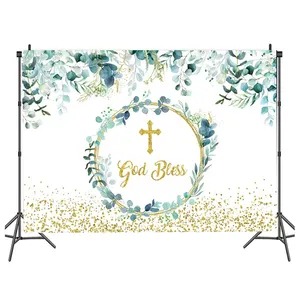 First Holy Communion Photo Backdrop Boy Girl Baptism God Bless Baby Christening Photography Background Gold Cross Decor