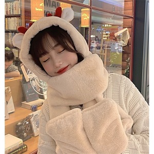 Christmas Reindeer Antler <b>Hat</b> Scarf <b>Gloves</b> <b>Set</b> For Women Winter Plush Warm Three Piece Beige White Gray Khaki Dusty Rose Light - Product Image 2