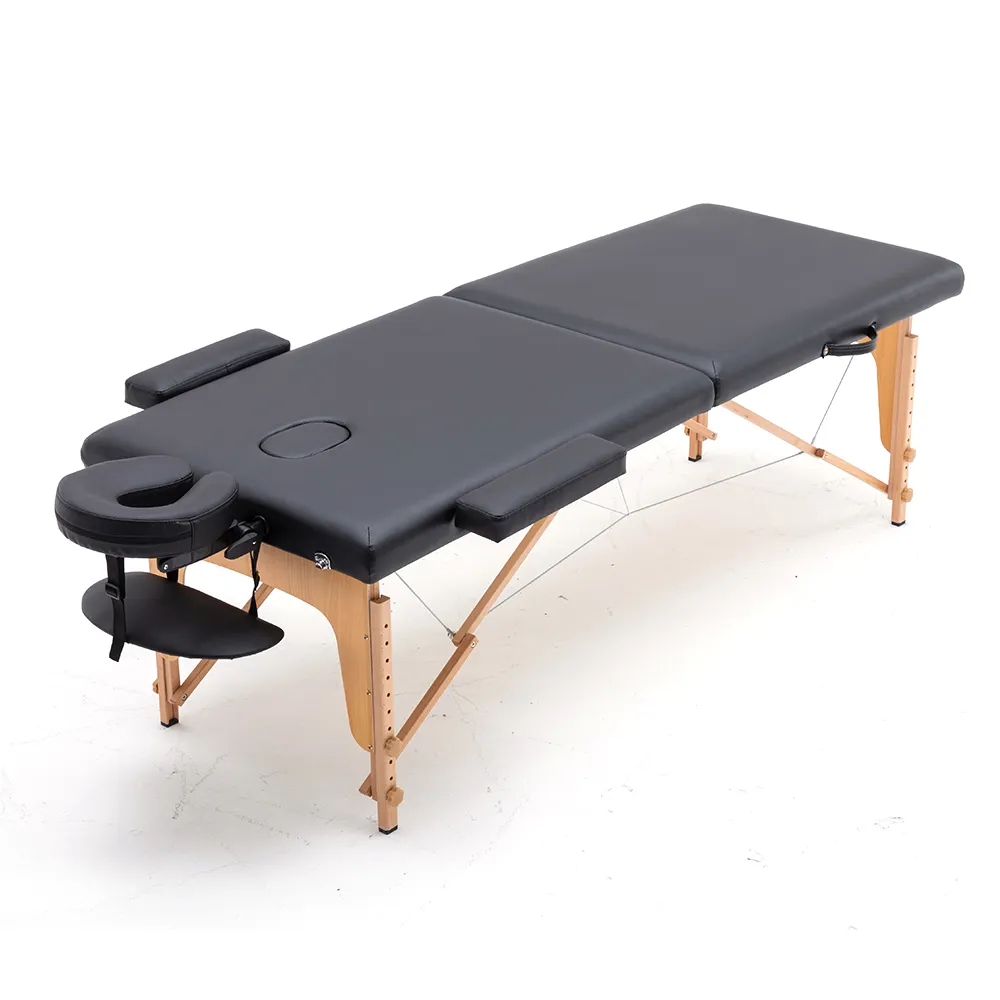 تصميم جديد أثاث صالون قابل للنقل مع ارتفاع قابل للتعديل من قسمين طاولة مساج خشبية سوداء للسبا