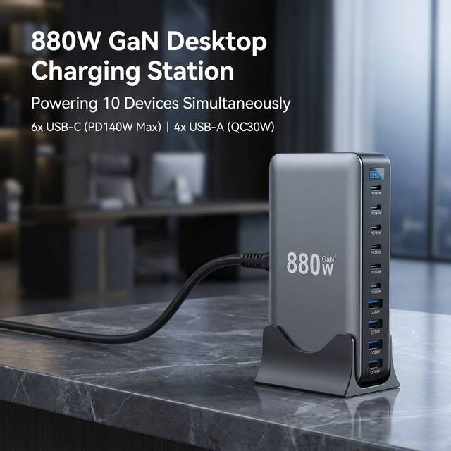 9-Port 880W GaN IV Multi PD QC Desktop Power Charging Hub 880W GaN4 Desktop Charging Station