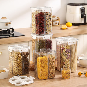 Four Compartment Airtight <b>Kitchen</b> <b>Storage</b> <b>Jar</b> <b>For</b> Beans Dried Fruits Grains Moisture Proof Mildew Proof Rectangle Clip On Lid - Product Image 3