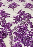 Tela de Tul con Lentejuelas y Cuentas Moradas de Lujo, Bordado a Mano de Alta Calidad para Vestidos de Novia y Prendas