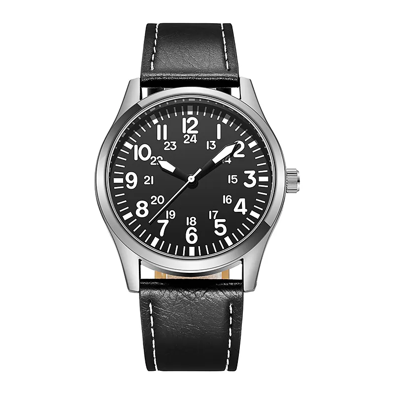 Pilot Man's Watch 24H silver case black face and black strap