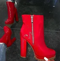 2020 Hot Selling Fashion High Heel Stiefel Schwarz Rot Weiß Glänzend Pu Damen Schuhe Big Size Chunky Platform Damen Stiefeletten