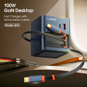 Chargeur rapide LDNIO <span class=keywords><strong>Q16</strong></span> 100W GaN avec câbles rétractables, UFCS PD3.0 QC5.0, design tout-en-un, chargeur de téléphone portable portable avec câble USB - Product Image 2