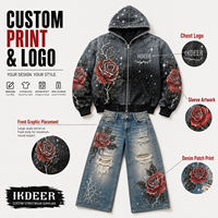 Ensemble sweat à capuche zippé et jean baggy IKDEER surdimensionné pour homme avec broderie appliquée personnalisée et strass