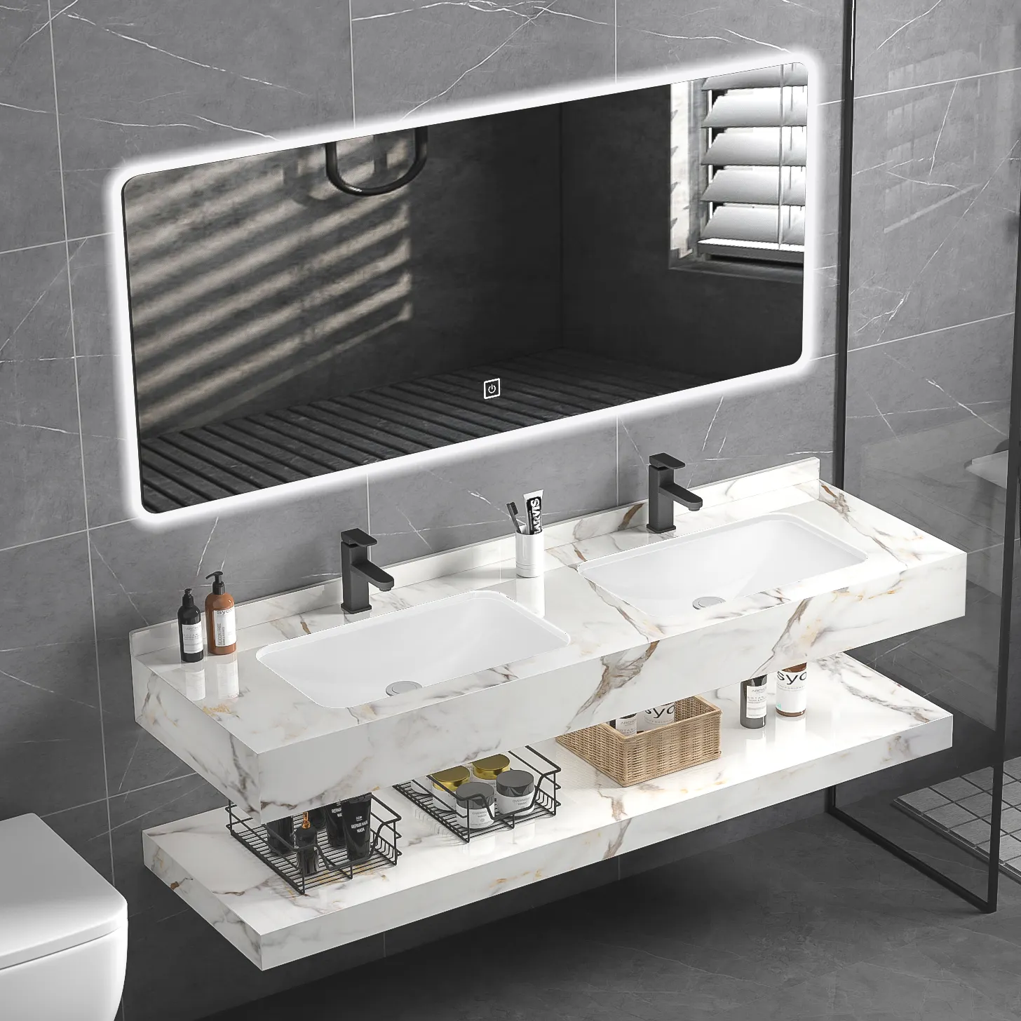 Luxury sintered stone sanitary ware wall mounted save space bathroom cabinet vanity with double bathroom sinks