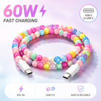 Câble de données perlé tendance USB-C vers USB-C 60W à charge rapide, cordon de chargeur Type-C gainé PVC de 1m pour ordinateur portable/téléphone 20V3A USB 2.0 C-C