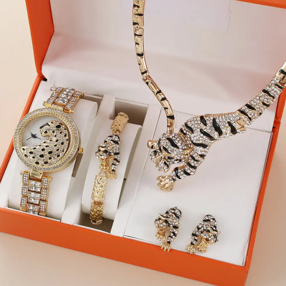 Fashion Ladies Gold Crystal Diamond Clock Leopard Necklace Bracelet Earrings Women Quartz Watch Gift Sets