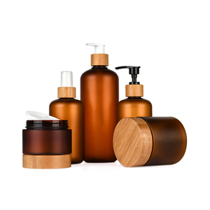Amber matte 150ml 250ml 500ml scrub body wash lotion cream hair oil set PET plastic water spray pump bottle with bamboo cover