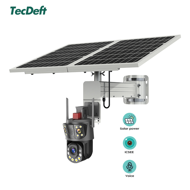 TecDeft 360 Degree Solar Powered CCTV Camera 50X Zoom 4MP Dual Lens 4G PTZ Two-way Audio Full Color Night Vision Memory Card