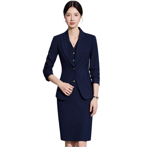 LadySElite Women's Dark Blue Suit Set Full Sleeve Polyester Worsted Anti-Wrinkle Office Lady Formal Wear Short Skirt - Product Image 5