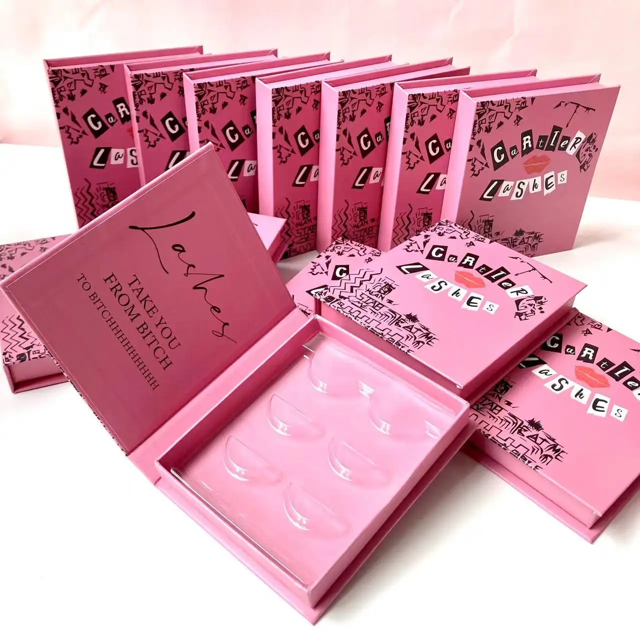 Private label 5d mink eyelashes packaging case pink lash box custom 3 pairs lash book with logo