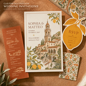 Juego de Invitaciones de Boda Estilo Costa Italiana Vintage, Ilustraciones de Pueblo y Limón, Itinerario Impreso Personalizado y Tarjetas RSVP con Formas Únicas - Product Image 1