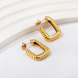 Joyería de Moda, Pendientes de Aro Geométricos Huecos con Textura Cuadrada, de Acero Inoxidable Hipoalergénico, Chapados en Oro de 18k, para Mujer - Product Image 5