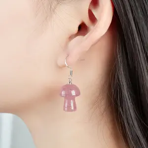 Natural Gemstone Cute Tiny Crystal Mushroom Fashion Women Jewelry Accessories Statement Dangle Earrings