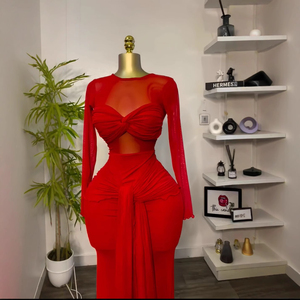 Vestido largo rojo fruncido de manga larga con malla, ajustado para fiesta o club - Product Image 5