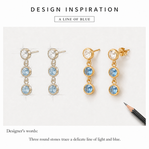 ต่างหูทรงหยดน้ำเซอร์โคเนีย สแตนเลสสตีล ชุบทอง 14K สีฟ้าใส ทรงกลมสามชั้น แบบห้อย ตัวล็อคแบบผีเสื้อ - Product Image 4