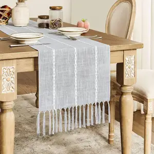 Skymoving Home Textiles New Custom Braided Navy BlueLinen Table Runners With Hand-Woven Tassels For Dining Party Holiday