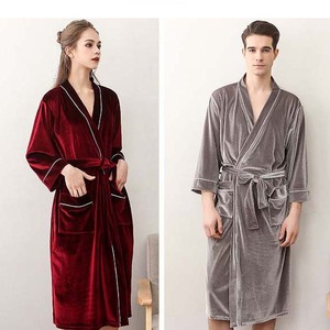 Peignoir <span class=keywords><strong>de</strong></span> luxe <span class=keywords><strong>personnalisé</strong></span> bleu marine unisexe en flanelle Kimono Dressing Gown pour la maison Salon ou hôtel Peignoir <span class=keywords><strong>de</strong></span> beauté avec velours doré - Product Image 2