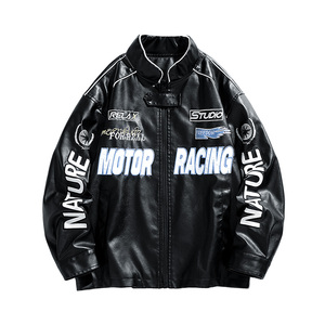 Blouson personnalisé pour homme en PU, style course, brodé, <span class=keywords><strong>col</strong></span> montant, fermeture éclair, streetwear moto, vente en gros OEM - Product Image 5
