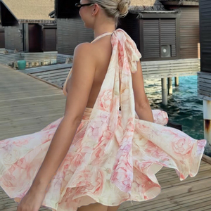 Vestido Mini Halter Floral sin Espalda de Gasa Fluida Ecológico para Mujer, Ideal para Vacaciones en la Playa, Estilo Romántico y Casual de Verano - Product Image 6