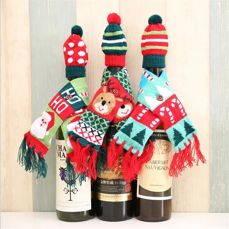 Christmas Creative Scarf Hat Set Red Wine Bottle Cover Hotel Restaurant Supplies Merry Christmas Decor For Home Xmas Ornaments