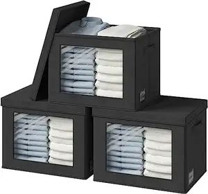 Contenedores de almacenamiento con tapas Cajas de almacenamiento de tela de ventana transparente Cestas de almacenamiento con asas plegables