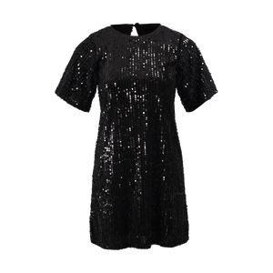 पूर्ण सीसिन सजावट गोल गर्दन पीछे विभाजित छोटी आस्तीन प्यूफ आस्तीन ढीली सिल्हूट फैशन न्यूनतम महिला काली पोशाक - Product Image 5