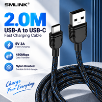 Kabel Pengisi Daya Tipe C 2.0M USB-A ke USB-C 5V 3A Kabel Pengisi Daya Cepat Hitam Kabel Nilon Terjalin untuk Ponsel Power Bank