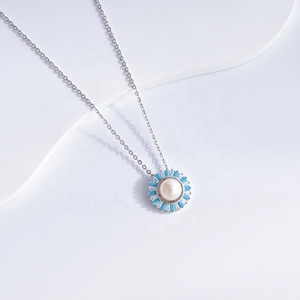 Collar con colgante de cobre en forma de flor, plateado, para uso diario, con cadena fina de eslabones, color azul turquesa, para mujer. - Product Image 2