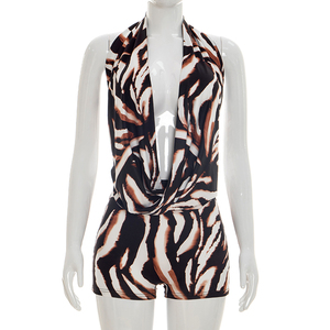 Viviblook J26ST168 Women Summer Shorts Zebra Print Halter Backless <b>Strap</b> Swinging Collar Tank Top Tight Shorts Two Piece Set - Product Image 3