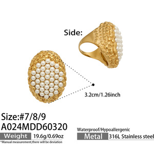Anillo Abierto de Acero Inoxidable 316 para Mujer con Perlas de Imitación, Chapado en Oro de 18K, Resistente al Deslustre, Banda Ovalada de Lujo Ligero con Diseño Único - Product Image 3