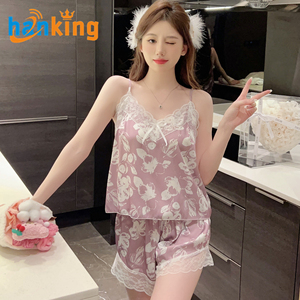 Conjunto de Pijama Feminino Ehanking com Estampa de Letras em Renda, Top e Shorts, Pijamas de Seda Gelada Macios e Confortáveis - Product Image 4
