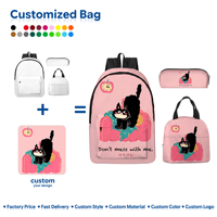 Sac à dos 3-en-1 pour enfants et étudiants avec motif géométrique chat noir, fermeture éclair, imperméable, impression personnalisée, sac à déjeuner et trousse à crayons