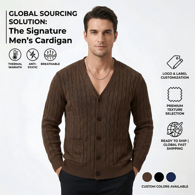 Men Cardigan Sweater V Neck Button up Cable Knit Solid Color Slim Fit Casual Office Wear Wholesale OEM ODM