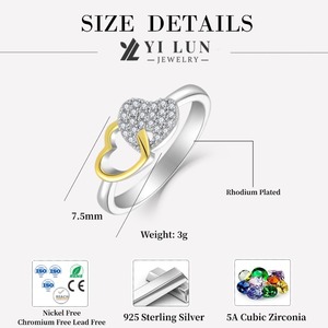 Romantique Cubique Zircone Deux Tons Conception Anniversaire <span class=keywords><strong>De</strong></span> Fiançailles <span class=keywords><strong>De</strong></span> Mariage Femmes En Argent Sterling 925 <span class=keywords><strong>Double</strong></span> Coeur Anneau Saint Valentin - Product Image 6