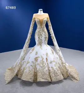 Queengown Thiết Kế Mới Dài Tay Áo Nàng Tiên Cá Ren Citrine Đính Cườm Tuyệt Đẹp Sang Trọng Sâu V Cổ Thêu Váy Cô Dâu