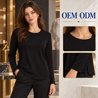 T-shirt en maille à manches longues et col rond noir jais NR Roma pour femmes, pour la vente en gros en boutique, OEM, ODM, marque privée