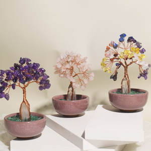 للبيع بالجملة شجرة الأحجار الكريمة بونساي كوارتز وردي خام منشور سداسي الشكل واضح مع شجرة نحت سلك الكريستال للحياة - Product Image 2